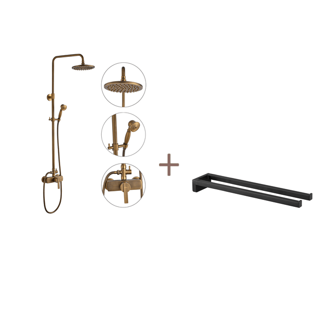 Auralum max Colonna doccia in ottone Bronzo Retrò, Doccia con Miscelatore Meccanico, AltaUr Regolabile+Portasciugamani a Due Bracci, 42 cm, Nero