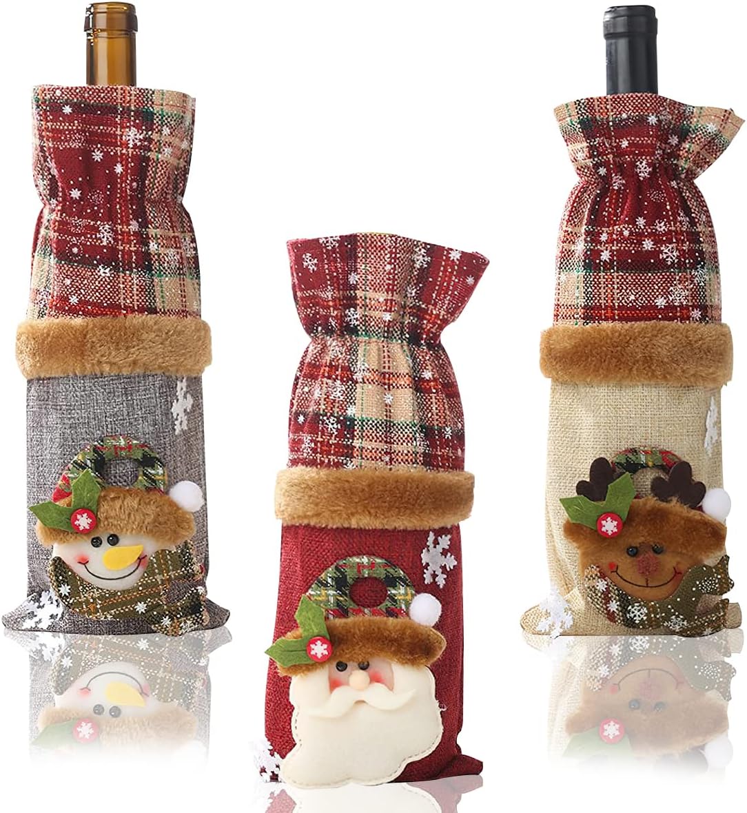 2 Copribottiglie Di Vino Natalizi In Lino Rosso – 24x12 Cm – Decorazione Festiva Con Bottone E Pelliccia Sintetica