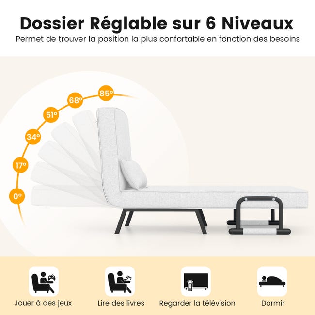 Fauteuil Convertible avec Dossier Réglable à 6 Positions Beige Fauteuil Convertible avec Dossier Réglable à 6 Positions Beige