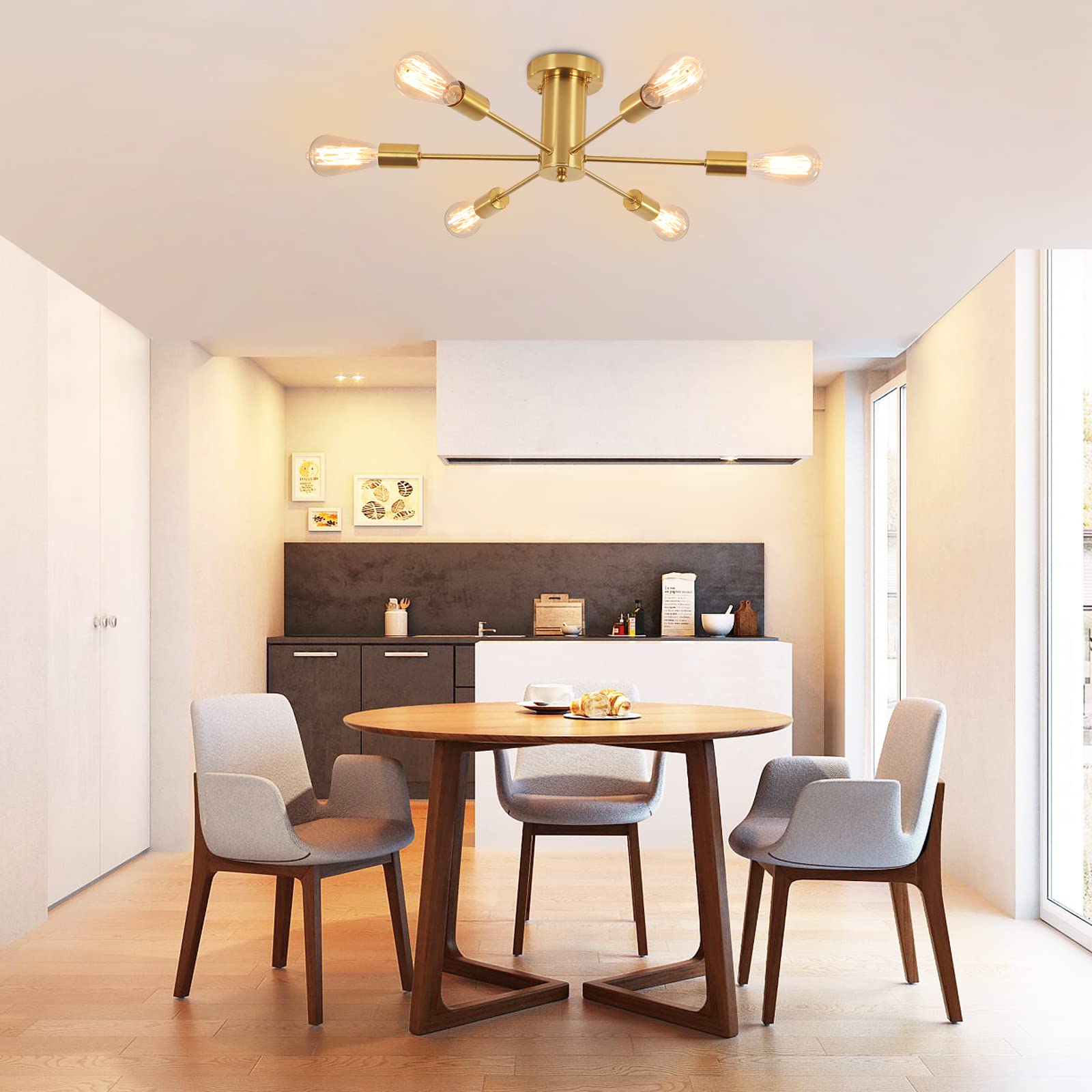 Lámpara de techo de montaje semiempotrado, 6 cabezales, candelabro Sputnik, lámpara colgante de mediados de siglo, dorada (bombilla no incluida) - 7