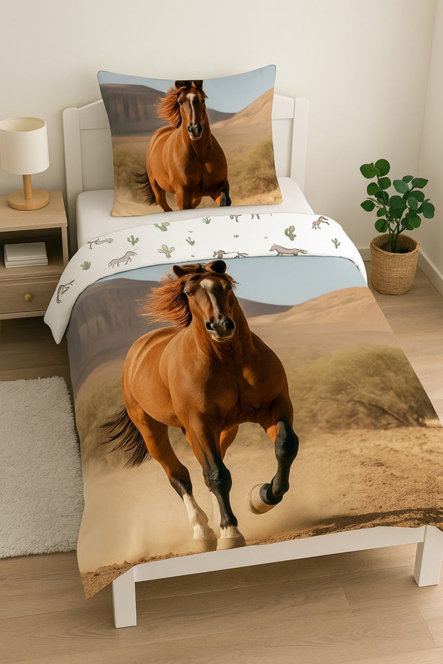 Parure de Lit Cheval Brun, 100% Coton Oeko Tex, Lit 1 Place, EQUITATION