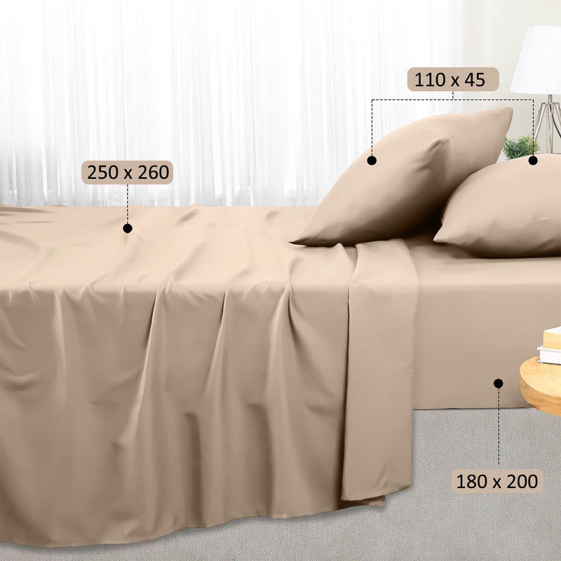 Juego de Sábanas 100% Algodón | 4 Piezas | Bajera Ajustable 30 CM | 2 Funda Almohada Boca Abierta | Hipoalergénico, Absorbe Humedad | Beige Cama 180 - 4
