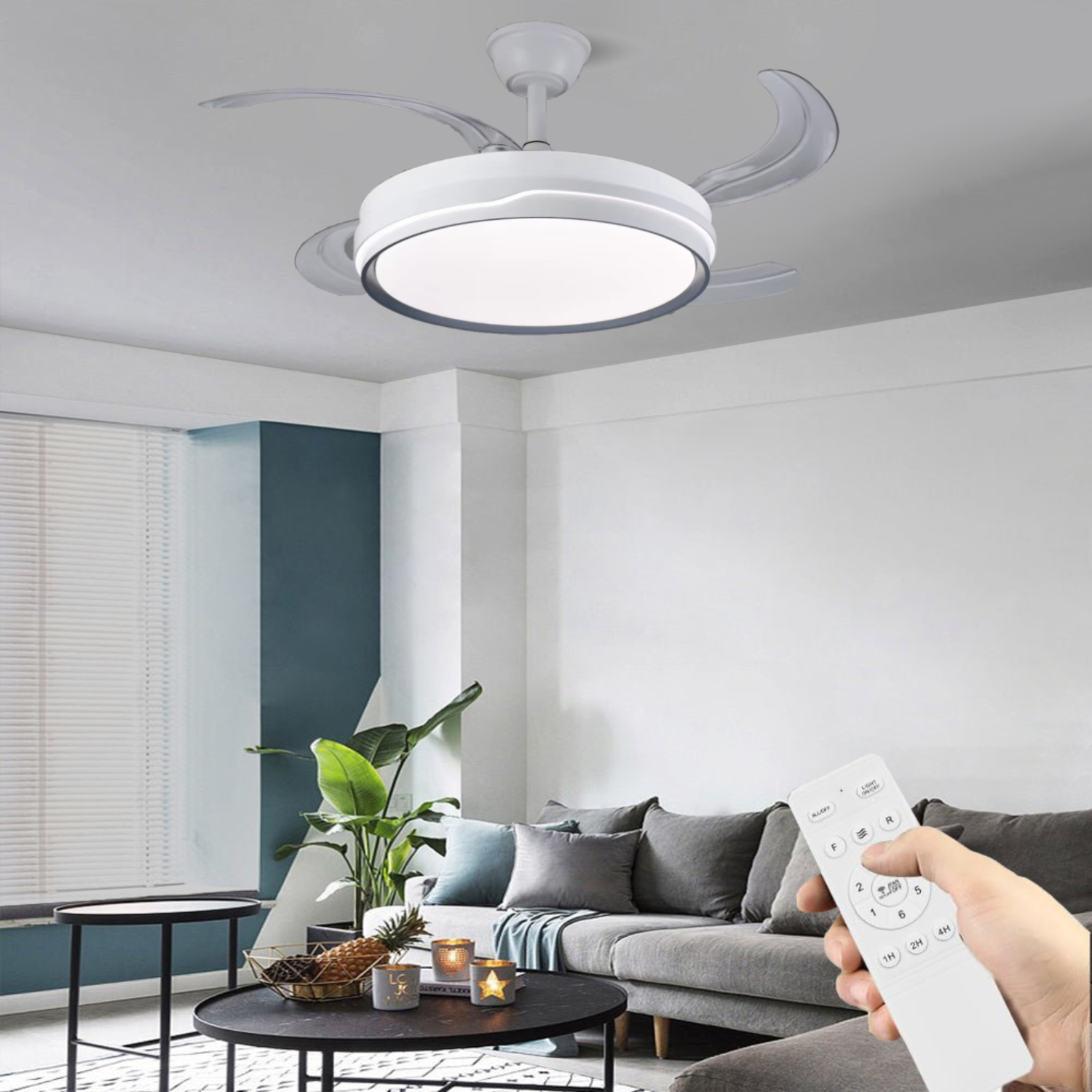 Ventilador techo Philips Bliss silencioso en salón con luz tenue