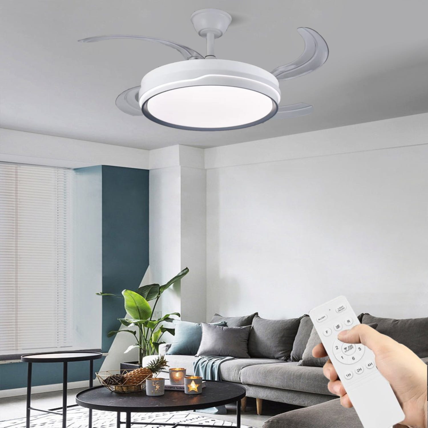 Ventilador techo Philips Bliss silencioso en salón con luz tenue