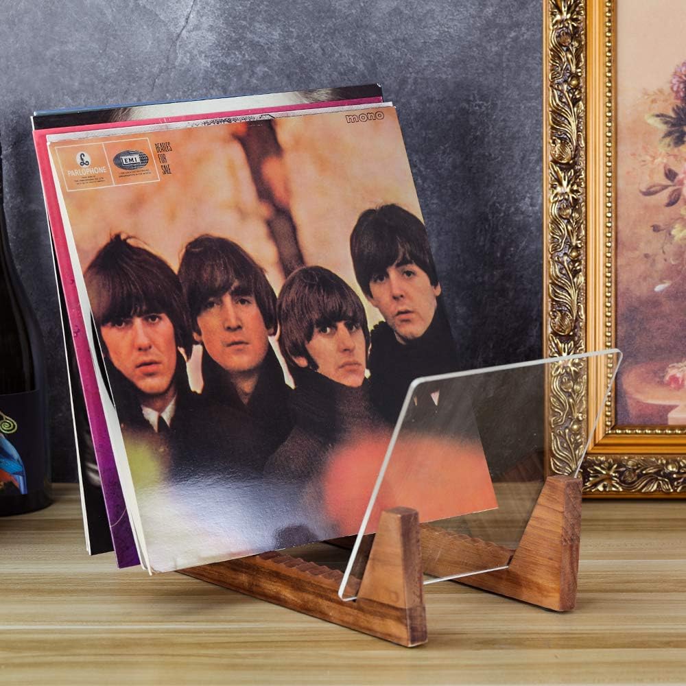 Rangement Disques Vinyles, en bois massif avec support en acrylique transparent, design haut de gamme, Stockage 50 Albums,Marron - 5