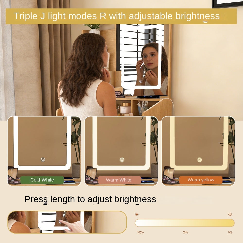 Coiffeuse LED MDF couleur bois naturel 60x36x130 cm miroir éclairé USB tiroirs tabouret rembourré - 4
