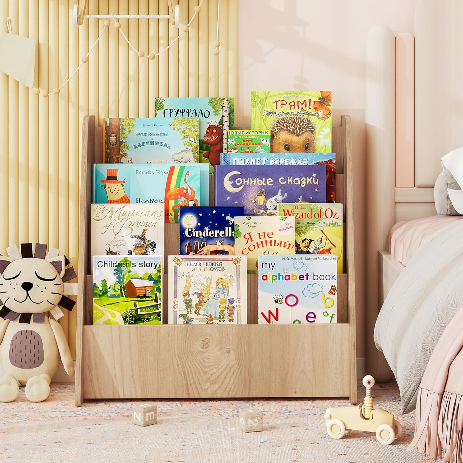 Libreria per Bambini a 4 Ripiani, Scaffale in Legno con Ampio Spazio di Esposizione, Porta Riviste per Camera dei Bambini Sala Giochi e Aula, - 8