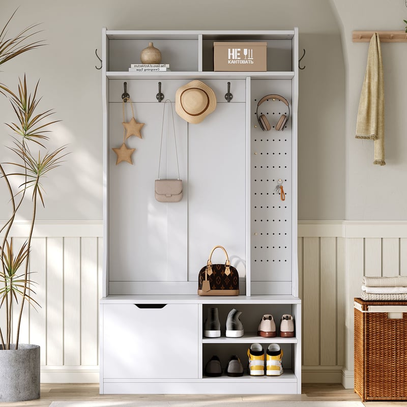 Nowoczesna szafa do przedpokoju 100 x 40 x 185,4 cm - z 6 haczykami i 1 drzwiami - z 4 otwartymi półkami - biała
