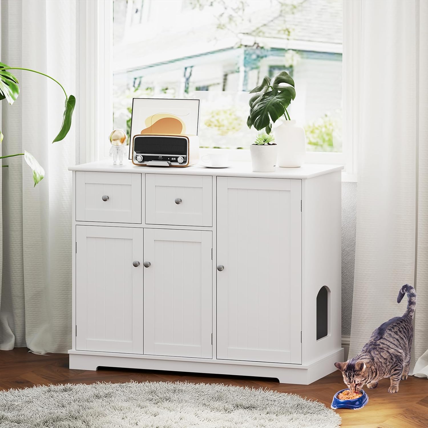 Caixa de Areia para Gatos Branca, Armário com Portas, Tampo Amplo, 2 Gavetas e Entrada Lateral para Gatos, Branco (100x45x80cm) - 4