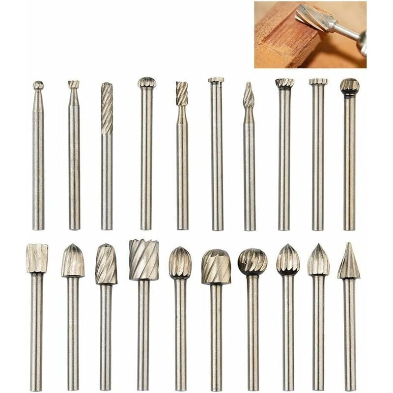 20 sztuk zestawów frezów obrotowych, frezy z węglika wolframu, frezy do matryc, trzpień 1/8 '' (3 mm), wiertła Dremel Burr do majsterkowania w drewnie