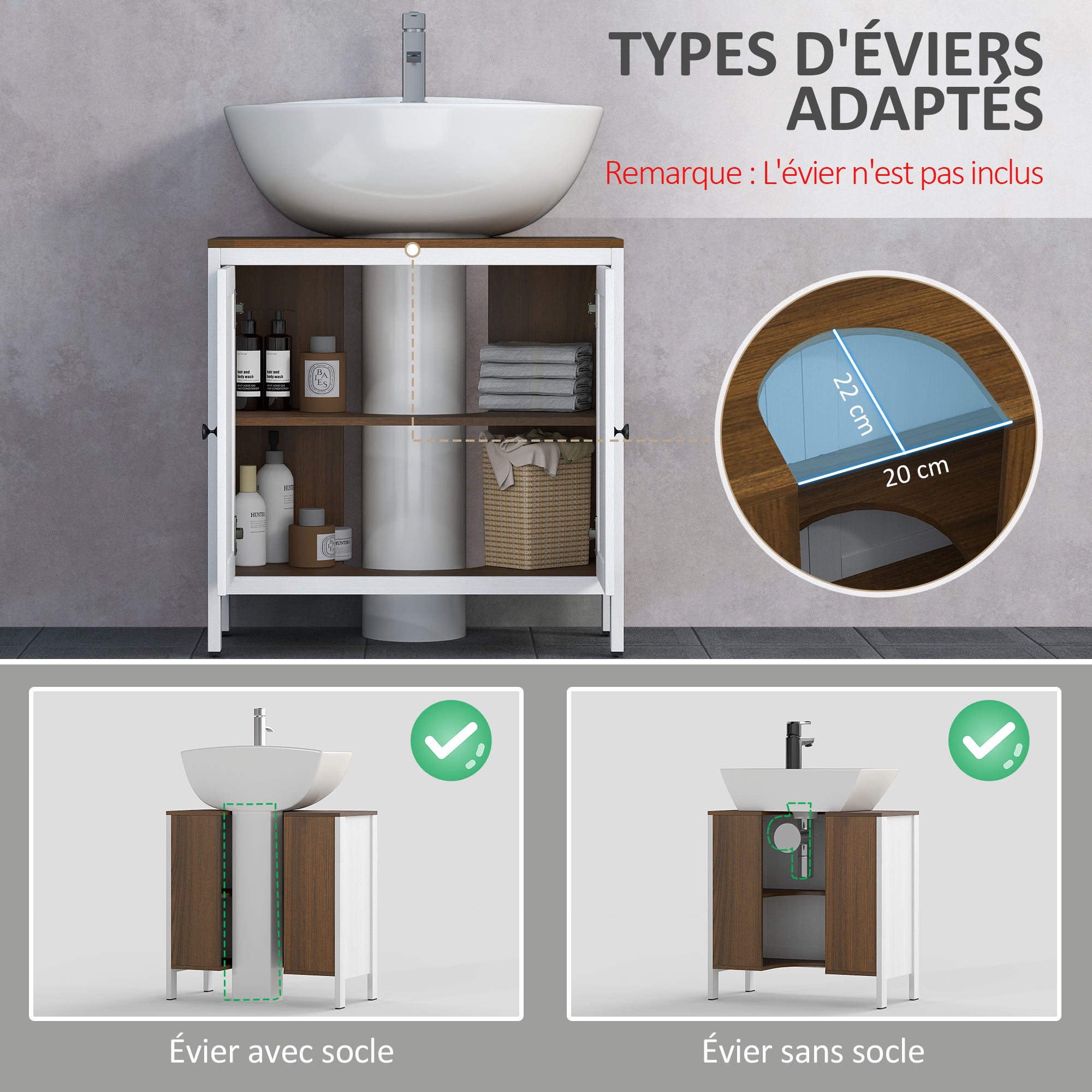 Meuble sous lavabo meuble de salle de bain 2 portes avec étagère 60 x 30 x 60 cm blanc et aspect bois - 6