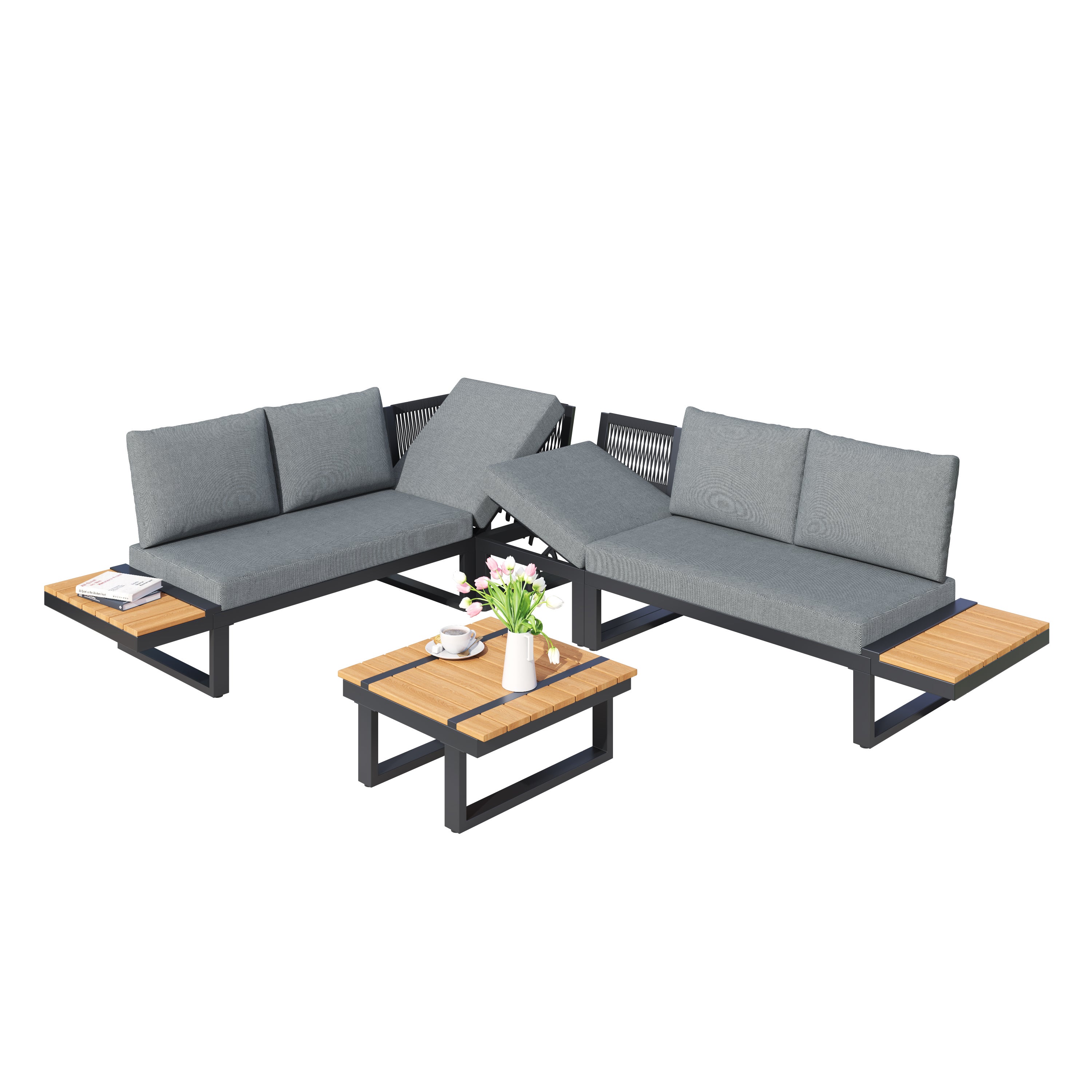 Ensemble de mobilier de jardin convertible en 2 lits de jardin inclinables, position d'angle, avec fonction d'inclinaison réglable (5 positions - 9