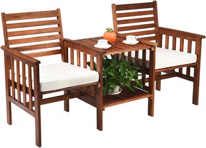 Salon de Jardin en en Bois, Charge 160KG, 2 Places et Table Extérieur avec Trou de Parasol de 5CM