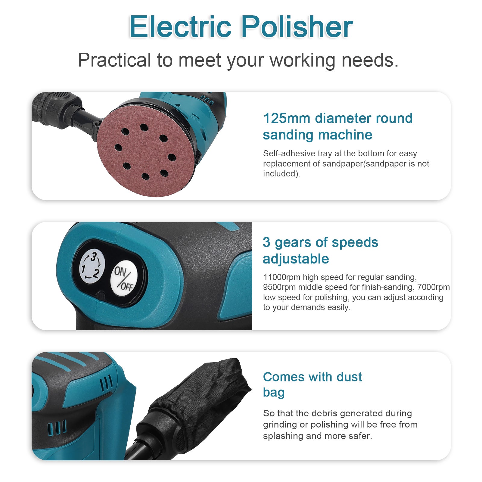 Levigatrice a batteria da 125 mm, levigatrice multifunzione, adatta per la lavorazione del legno e la lucidatura dei metalli dei veicoli elettrici - 6