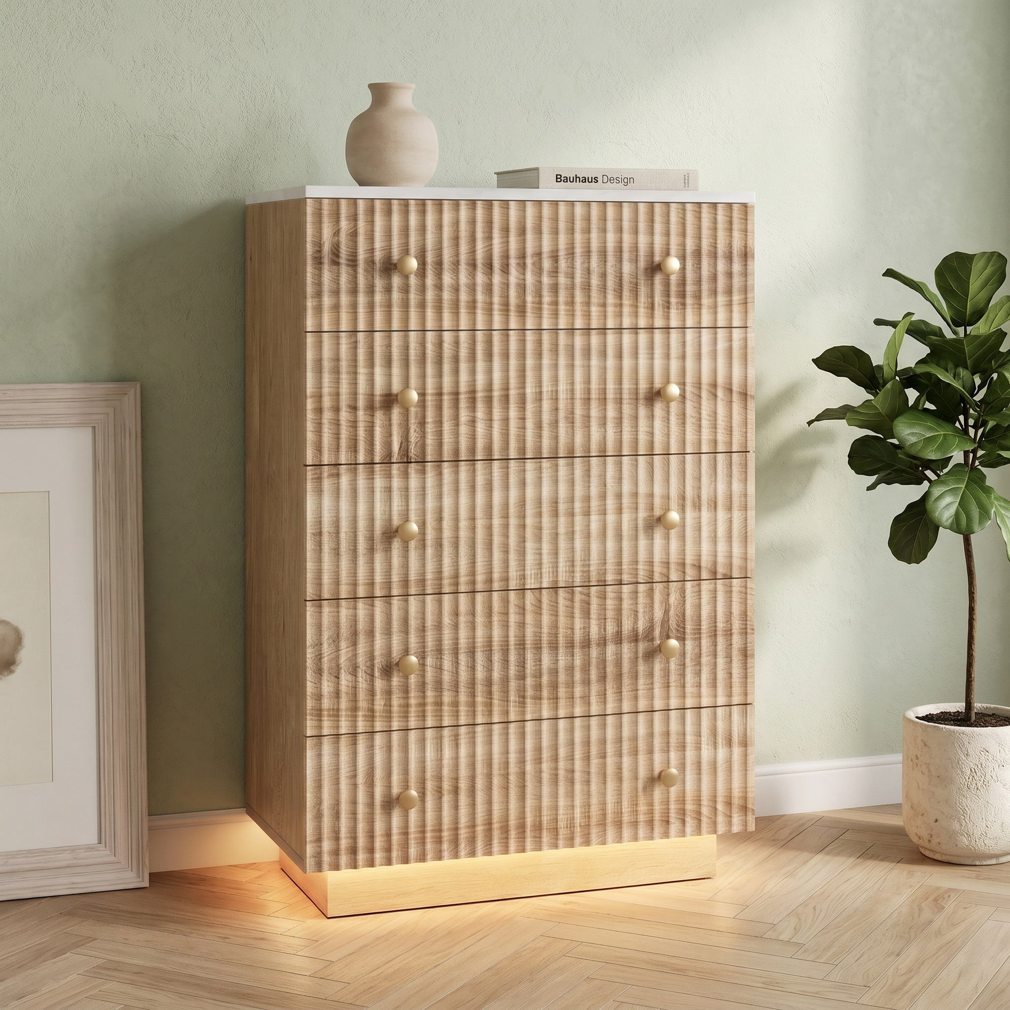 Commode 5 tiroirs - Commode Chambre Meuble de Rangement Style bohème avec Bois - table de chevet avec LED - 40 x 73 x 111 cm - Bois Naturel - 2