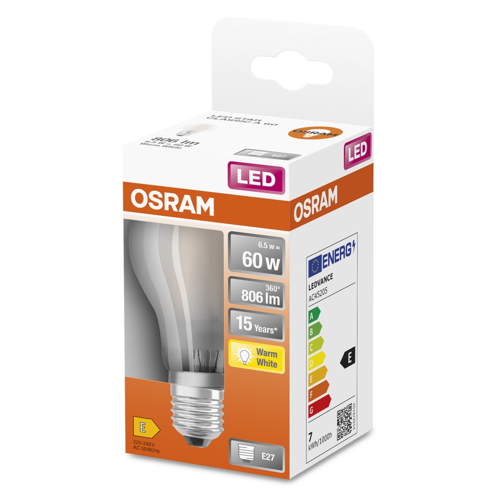 OSRAM Ampoule LED - E27 - Warm White - 2700 K - 7 W - remplacement pour 60-W-Incandescent bulb - givré - LED Retrofit CLASSIC A - 2