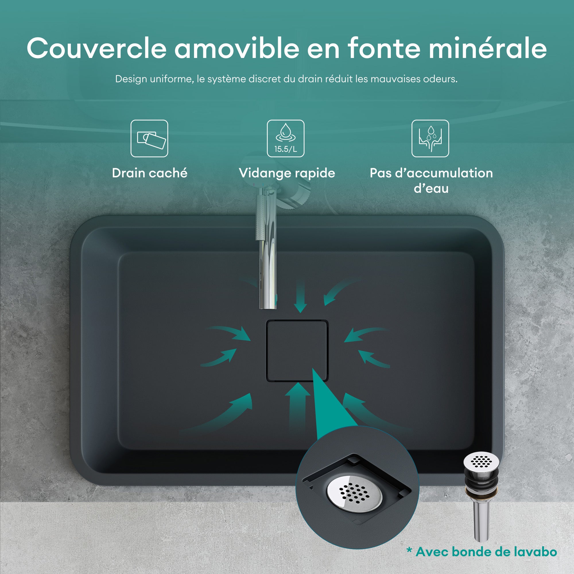 Vasque à Encastrer, Lavabo Rectangulaire, Lave Mains Gris Noir Mat en Résine, 53x33x10,5cm, sans Trop-Plein, Cache-Bonde Inclus, Col104 Mai & Mai - 4
