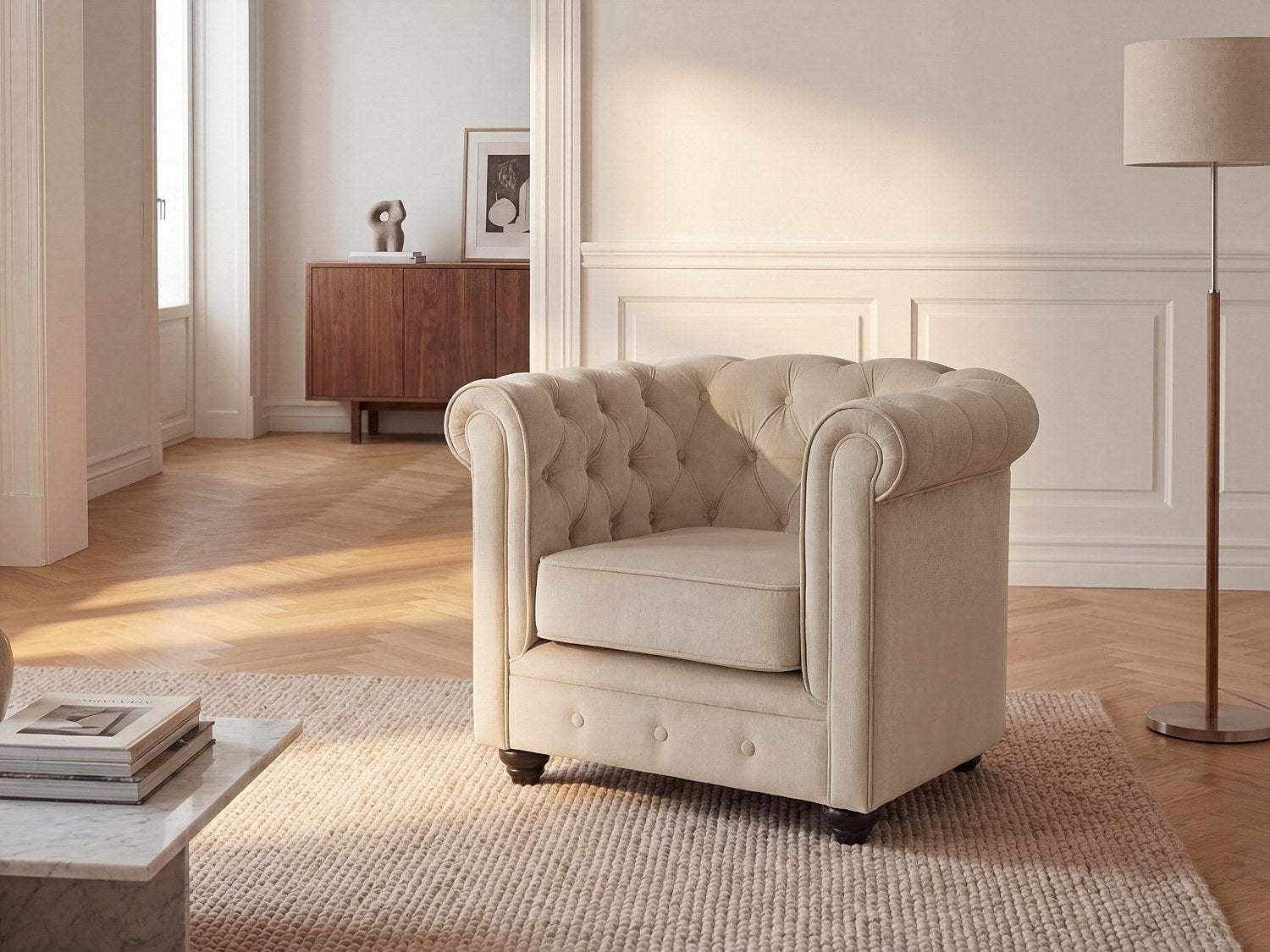 Fotel z beżowego weluru - CHESTERFIELD