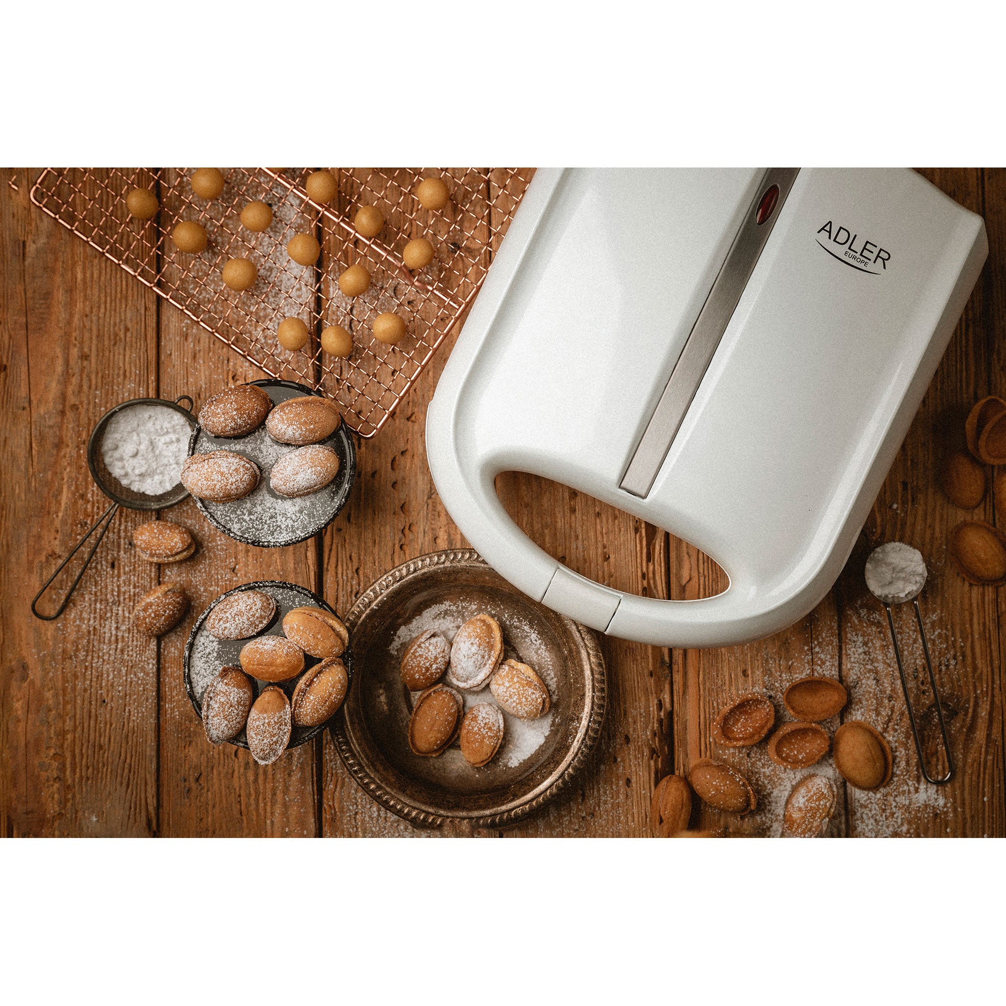 Macchina per 24 Metà di Biscotti Ripieni a Forma di Noce, Piastre Antiaderenti Adler Bianco AD3039 1600 - 3