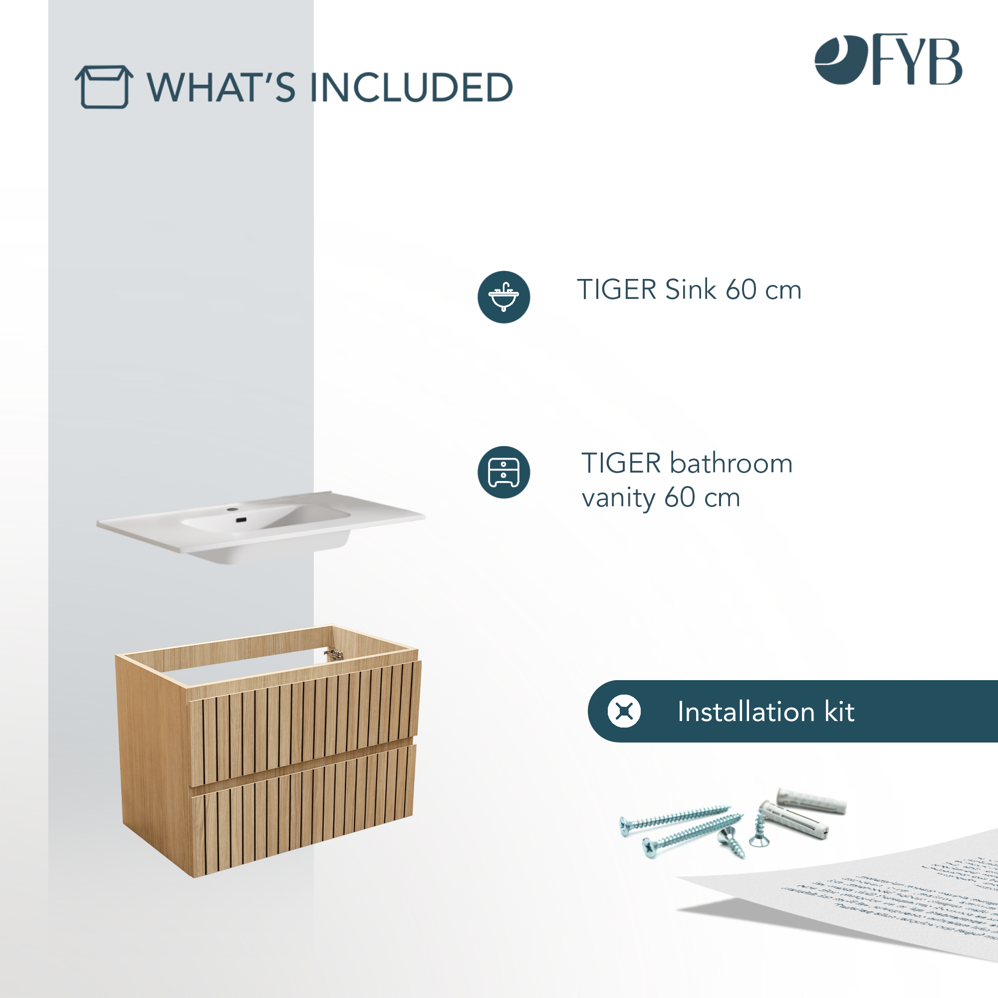 Feel Your Bath, Mueble Suspendido 60 cm, Color Roble Nórdico con 2 Cajones Soft Close y Encimera de Cerámica Blanca Integrada – Serie TIGER - 7
