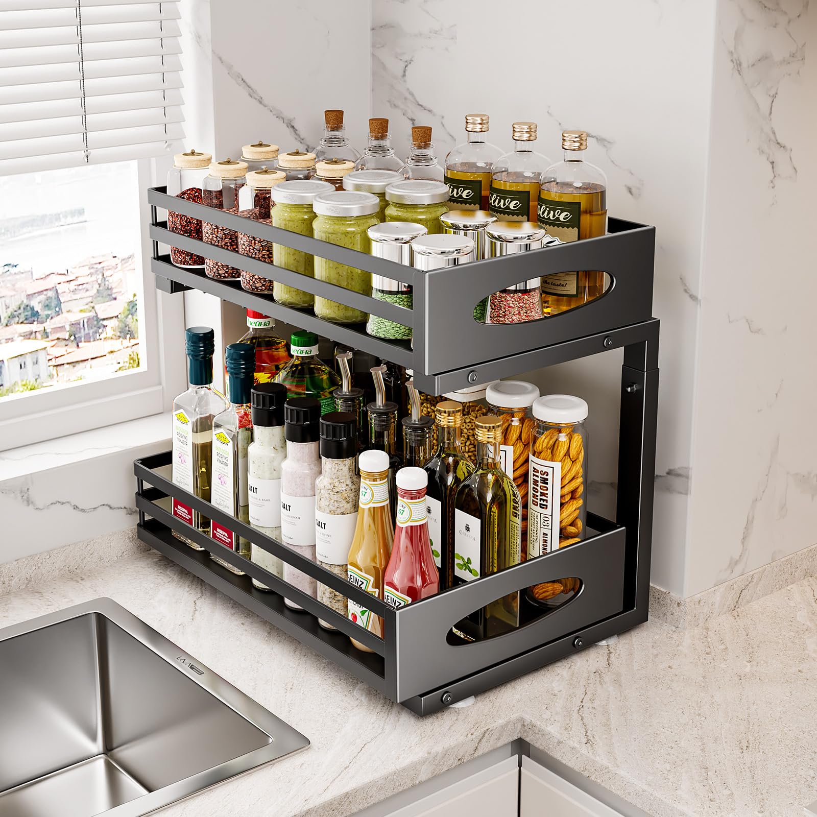 Organizzatore Sotto Lavello REALINN A 2 Livelli, Estraibile Per Armadietto, Ripiano Per Cucina E Bagno, Bianco (Confezione Da 2) - 3