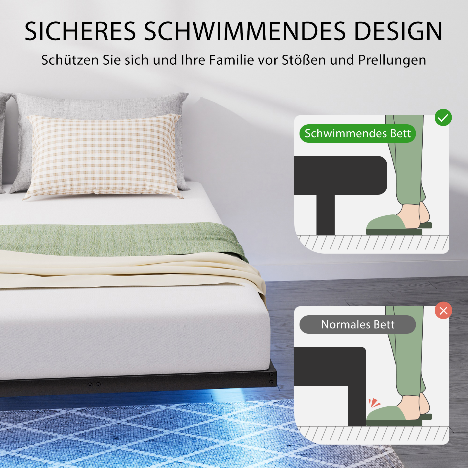 Cama flutuante em metal 160 x 200 cm com iluminação LED, estrado de ripas metálico, iluminado, preto - 6