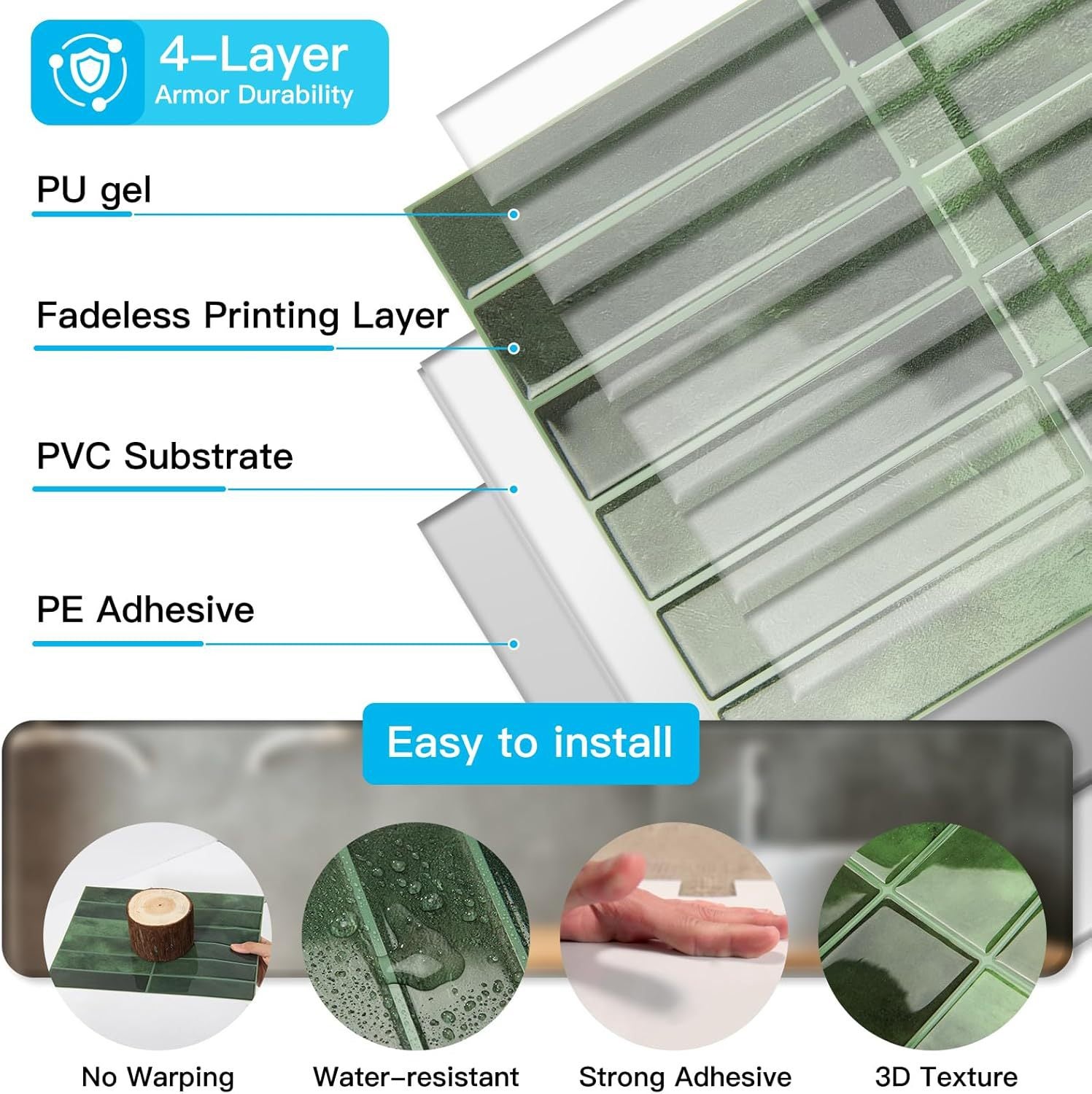 12 autocollants muraux stratifiés imitation carreaux de céramique Autocollants imperméables faits main à coller soi-même SCQ1619-2（22.9x29cm） - 6