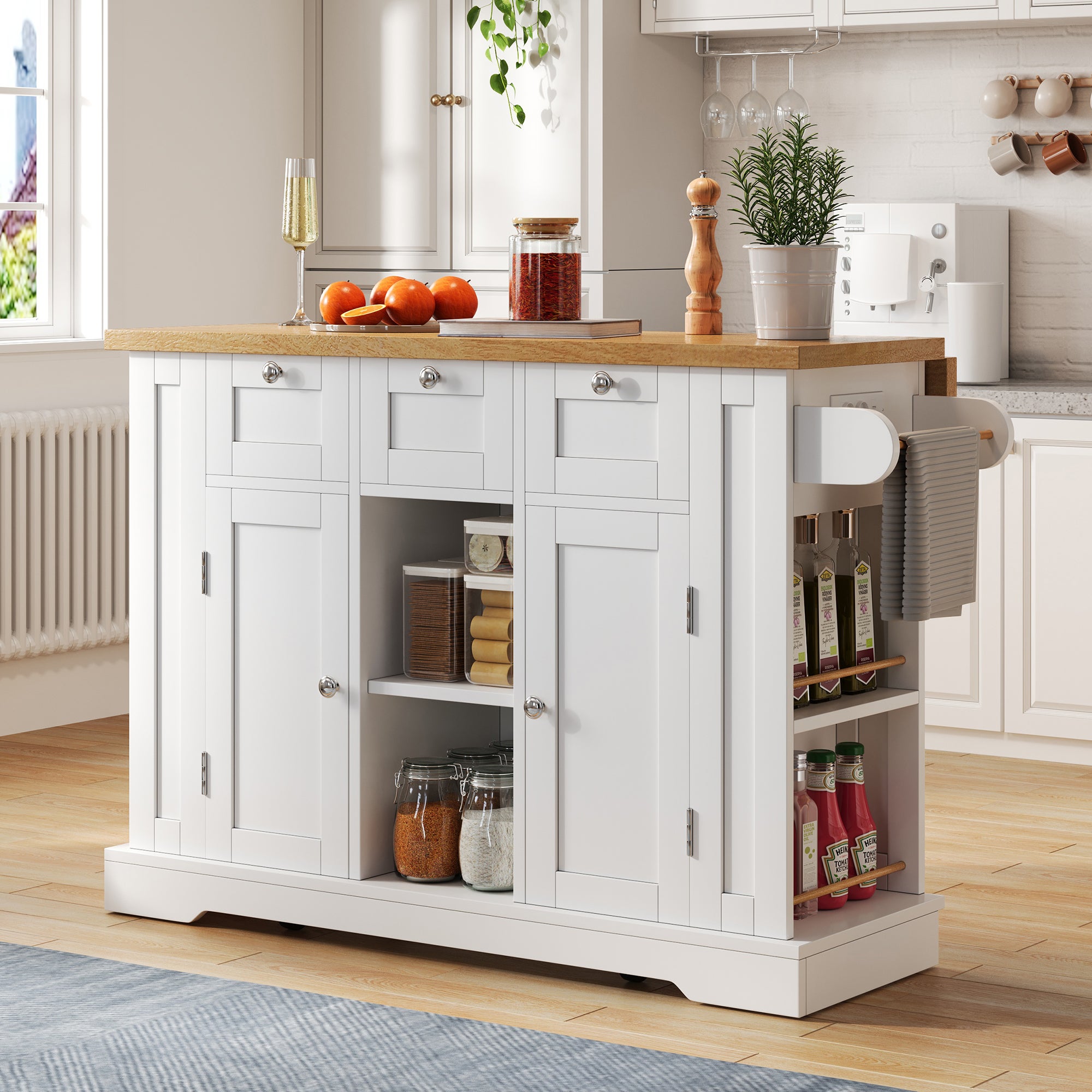 Dessert îlot de cuisine avec 2 tiroirs 2 portes placard en hévéa, chariot de service à roulettes avec étagère réglable, porte-épices à 3 niveau, porte -serviettes, 88x 46 x 90 cm (blanc