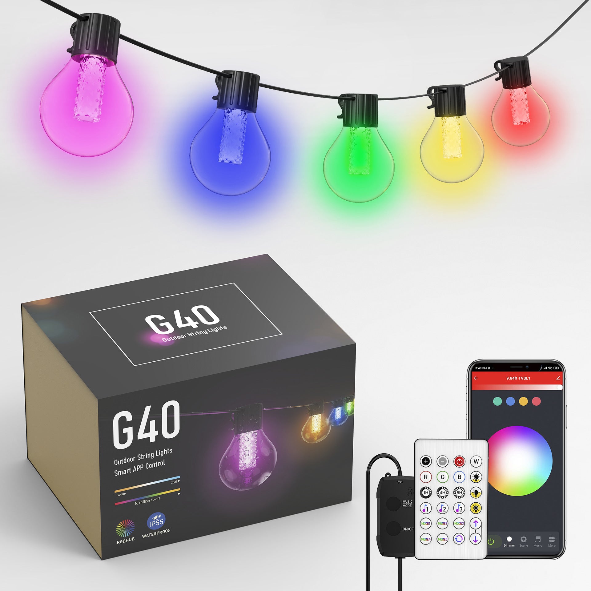 Zewnętrzna girlanda świetlna, 15M Girlanda Guinguette LED G40 25 żarówek, z aplikacją, pilotem i Bluetooth (RGB)
