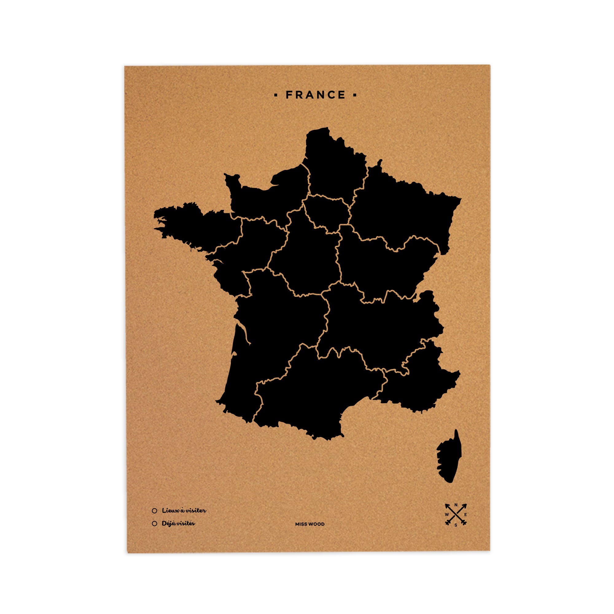 Mapa de corcho - woody map natural francia / 90 x 60 cm / negro / sin marco