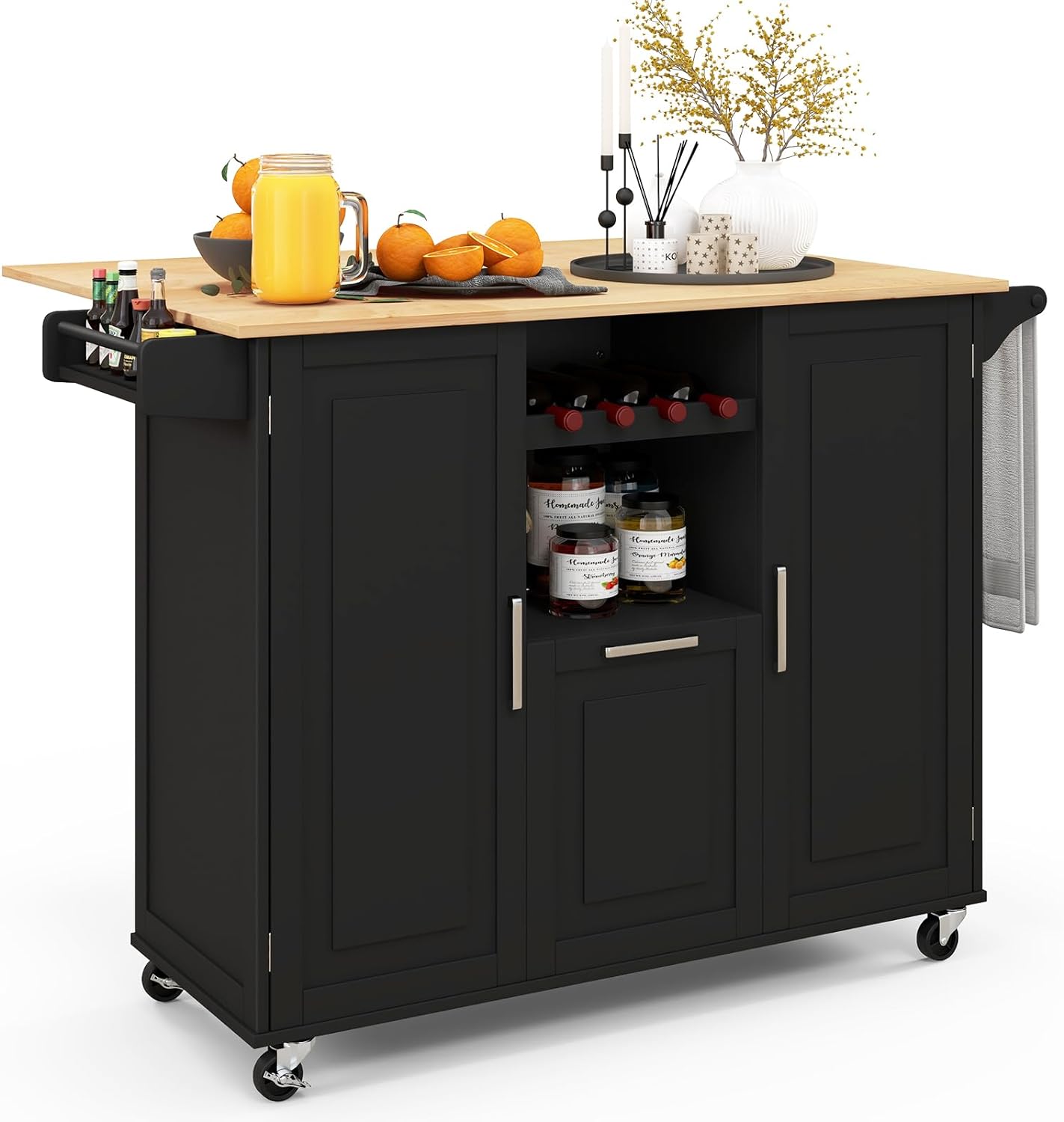 Carrito de cocina isla de cocina con encimera de hoja abatible y 4 ruedas giratorias carrito de cocina con cajón profundo estante para botella