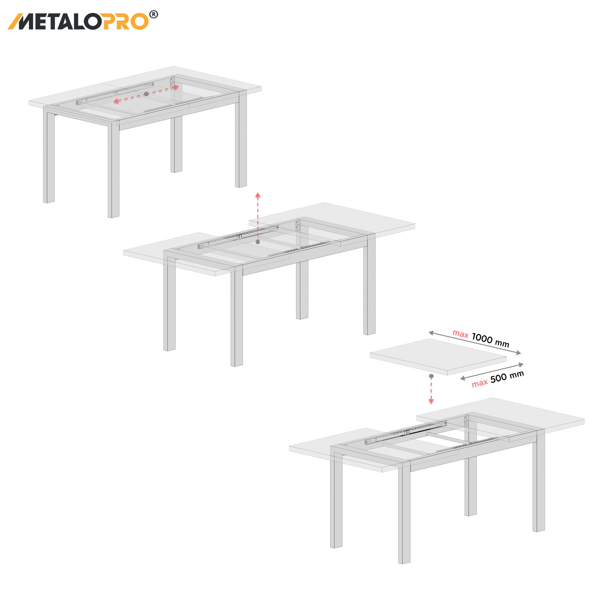MetaloPro Etamin Split - Pied de table extensible à cadre carré, stable, parfait pour table à manger, salon ou cuisine, avec cadre en métal durable - 4
