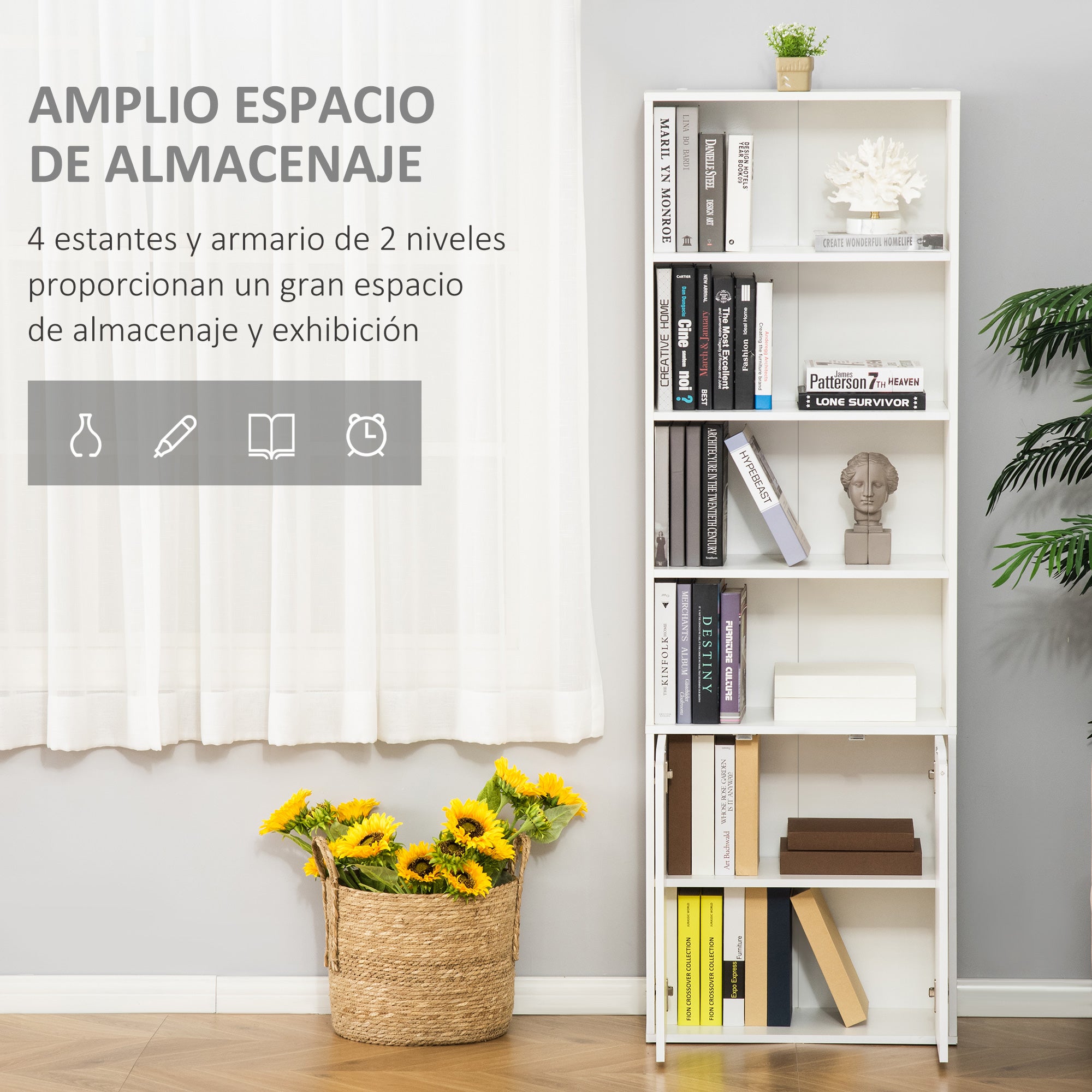 Estante para livros com 4 níveis e armário HOMCOM 59x29x180 cm branco - 4
