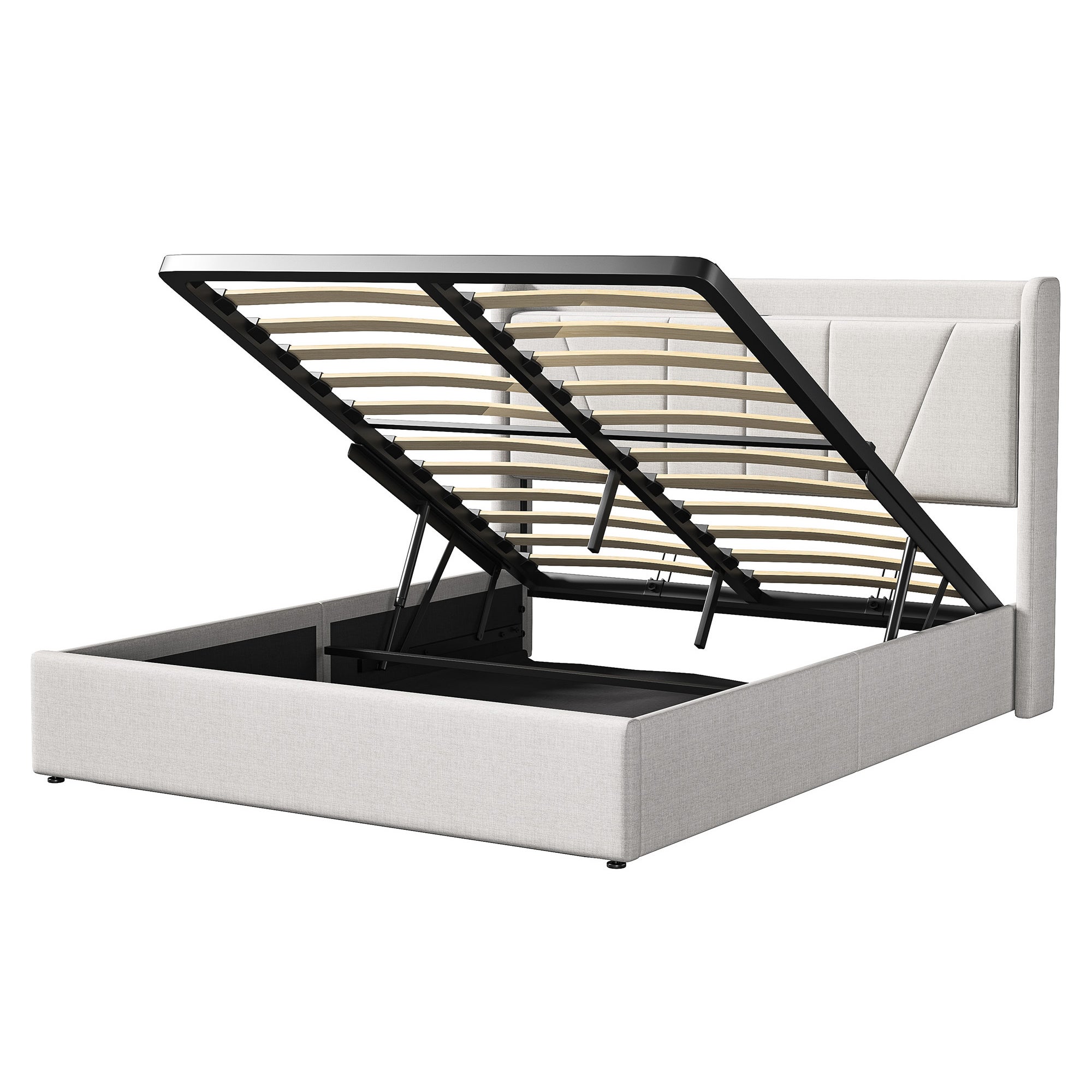 Lit coffre 160x200 cm avec port USB et Type C, cadre de lit double avec sommier à lattes, tissu en lin, lit adulte, 160x200 cm, beige - 5