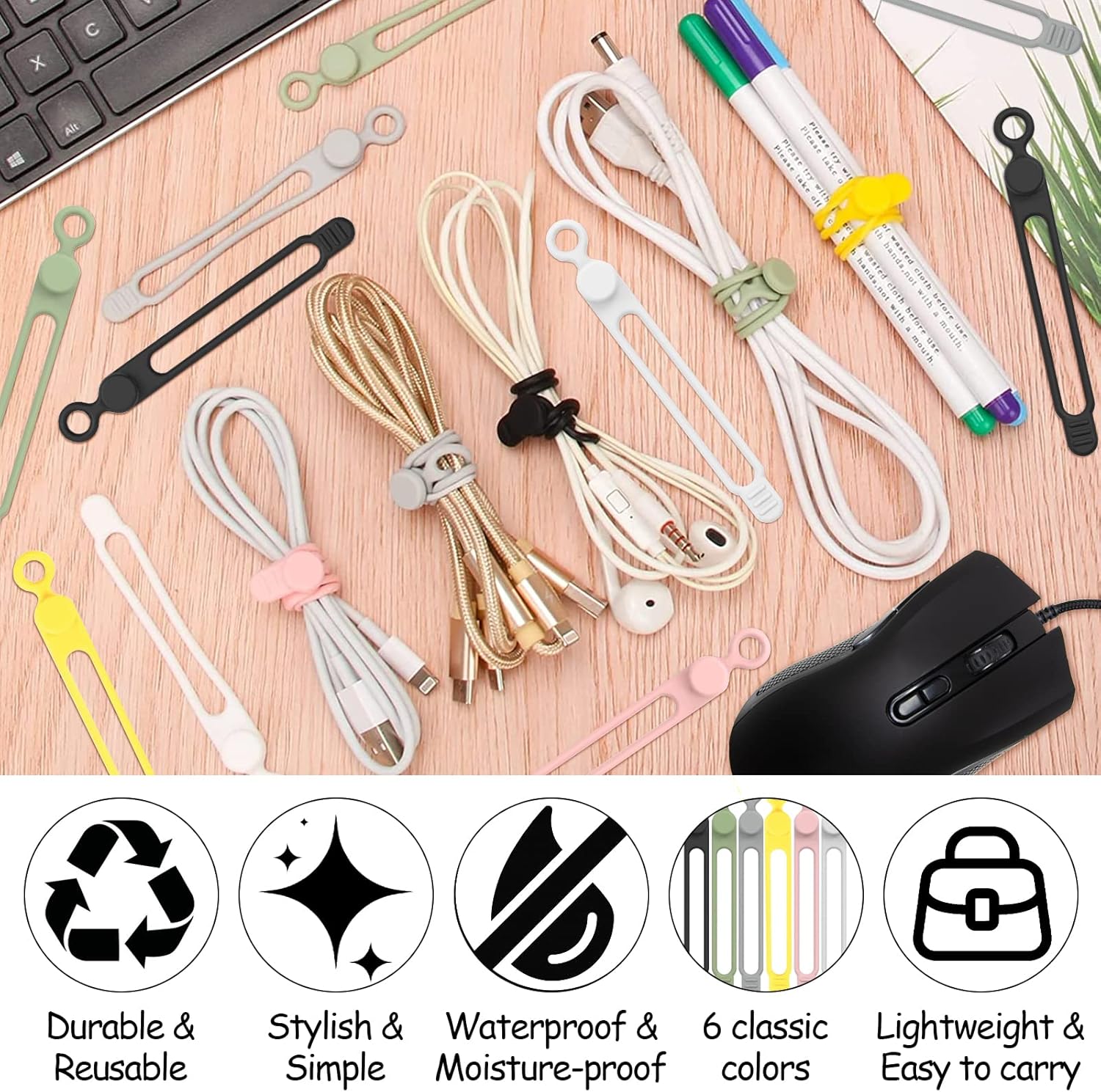 18 Pièces Attache Cable Silicone Cable Tie Réutilisable, Collier De Serrage, Serre Câbles Silicone, Attaches Torsadées, Attache Cordon, Sangle Organis - 4