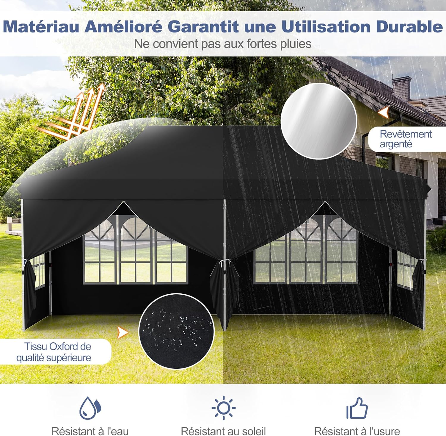 Tonnelle de Jardin 3x6M Tente de Reception avec 6 Parois Latérales Amovibles, Sac de Transport Protection Solaire pour Fête Mariage BBQ, Noir - 8