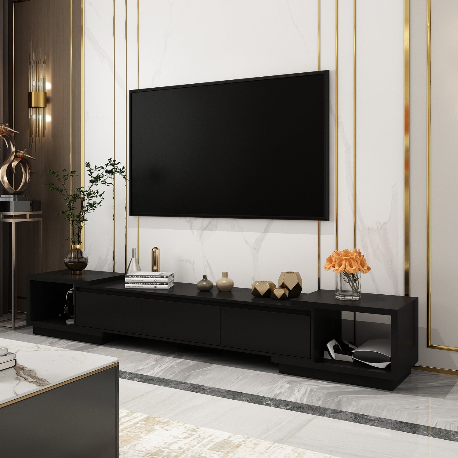 Meuble TV extensible 166-270 cm avec 3 tiroirs et 2 compartiments pour salon, noir - 9