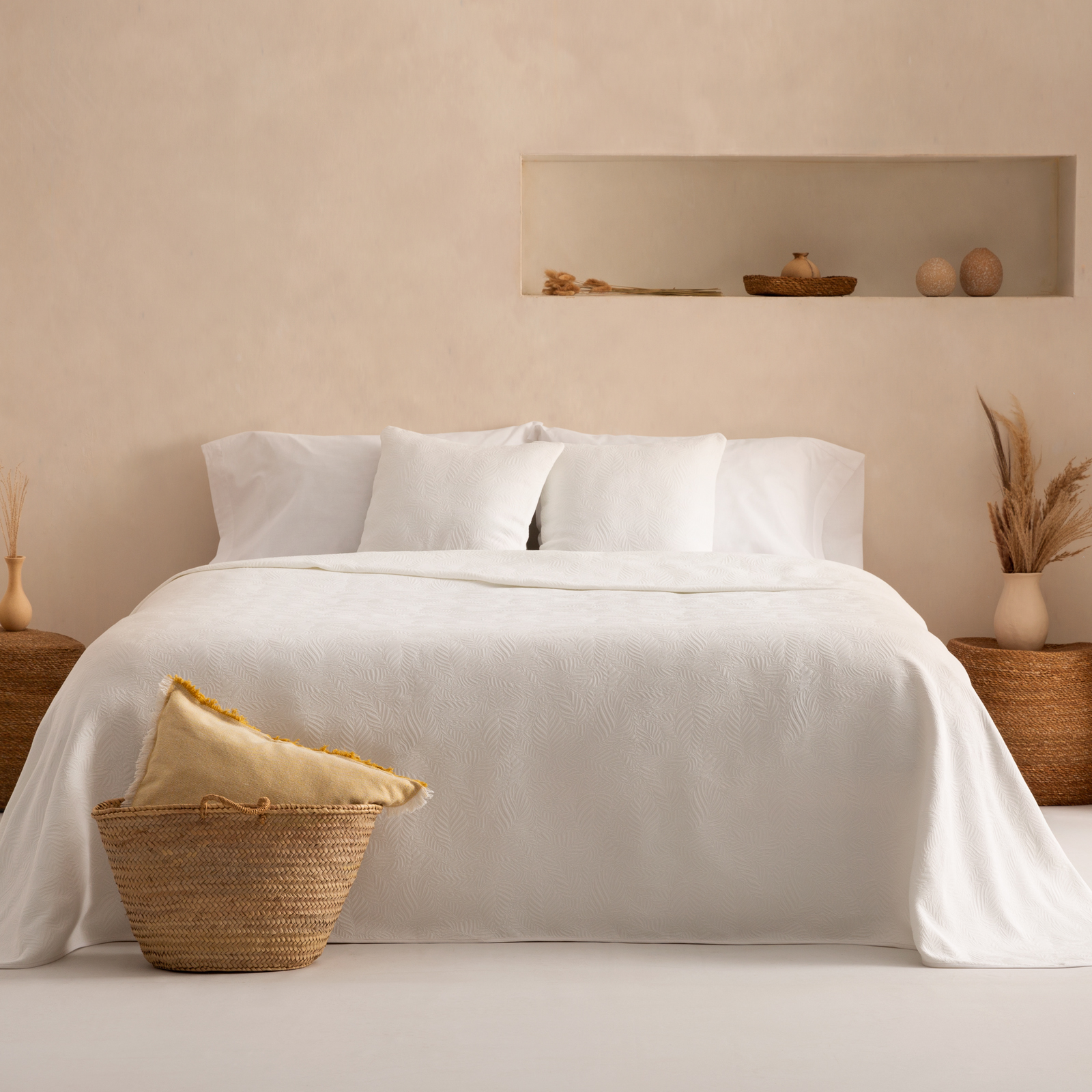 Colcha cama 80/90 cm ligera entretiempo primavera verano lisa floral jacquard algodón transpirable, 180x270 cm, color blanco