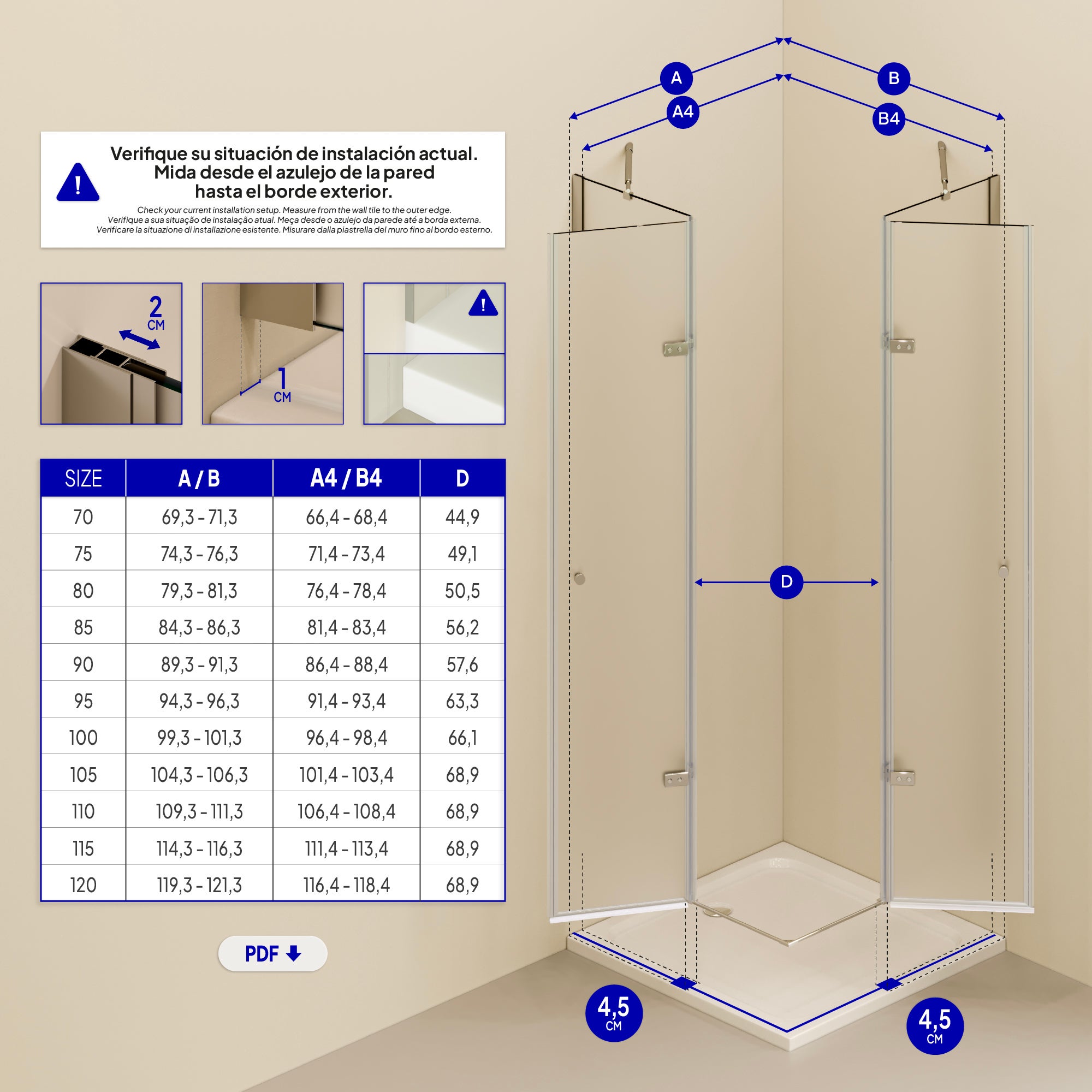 Box Doccia Alice 75x80x190cm| NON REVERSIBILE |Porta battente, regolazione 74,3-76,3x79,3-81,3cm|Profili Cromati, Vetro satinato 6mm - 6