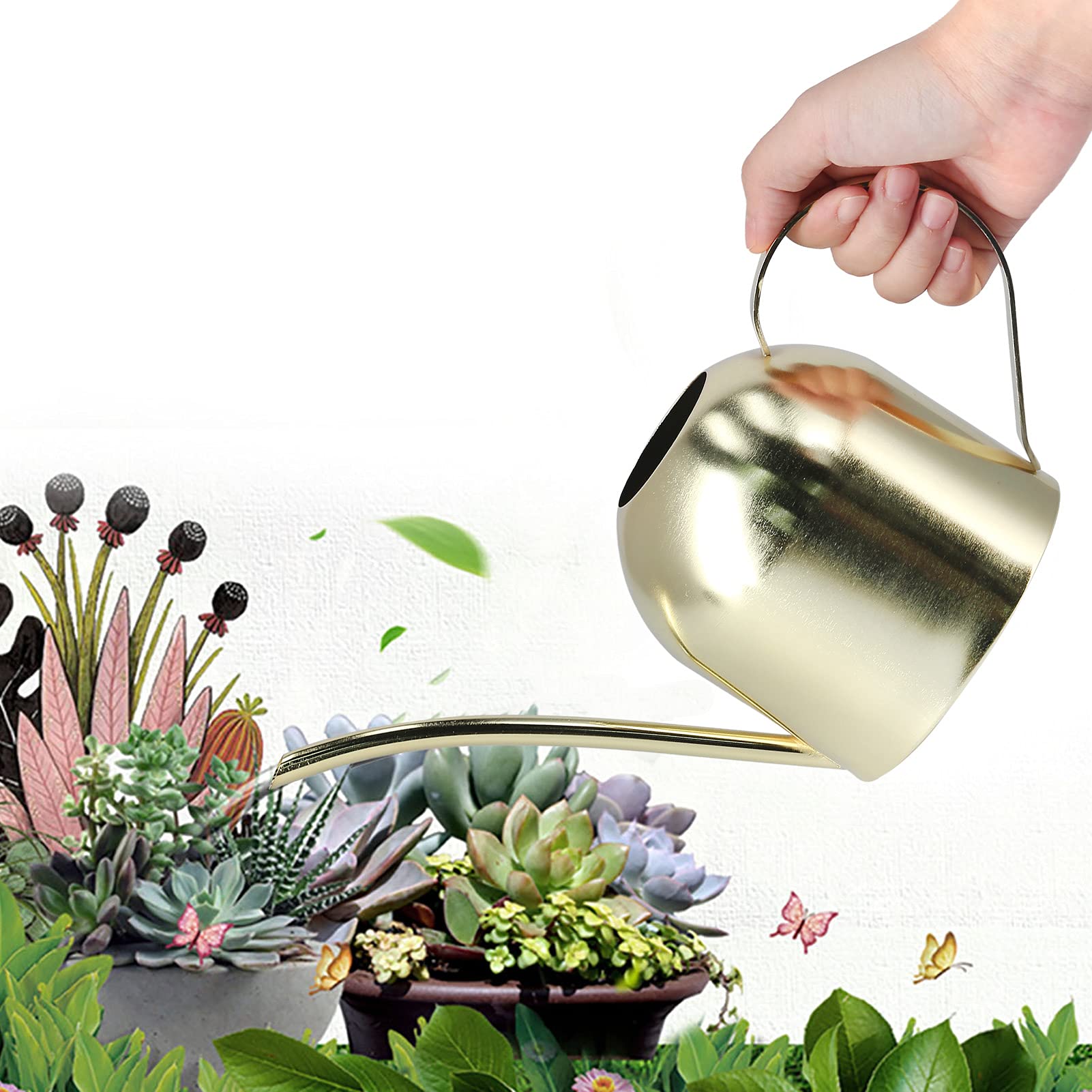 Arrosoir d'intérieur Vintage en acier inoxydable, 1000ML, plantes succulentes, bouilloire, Pot doré - 7