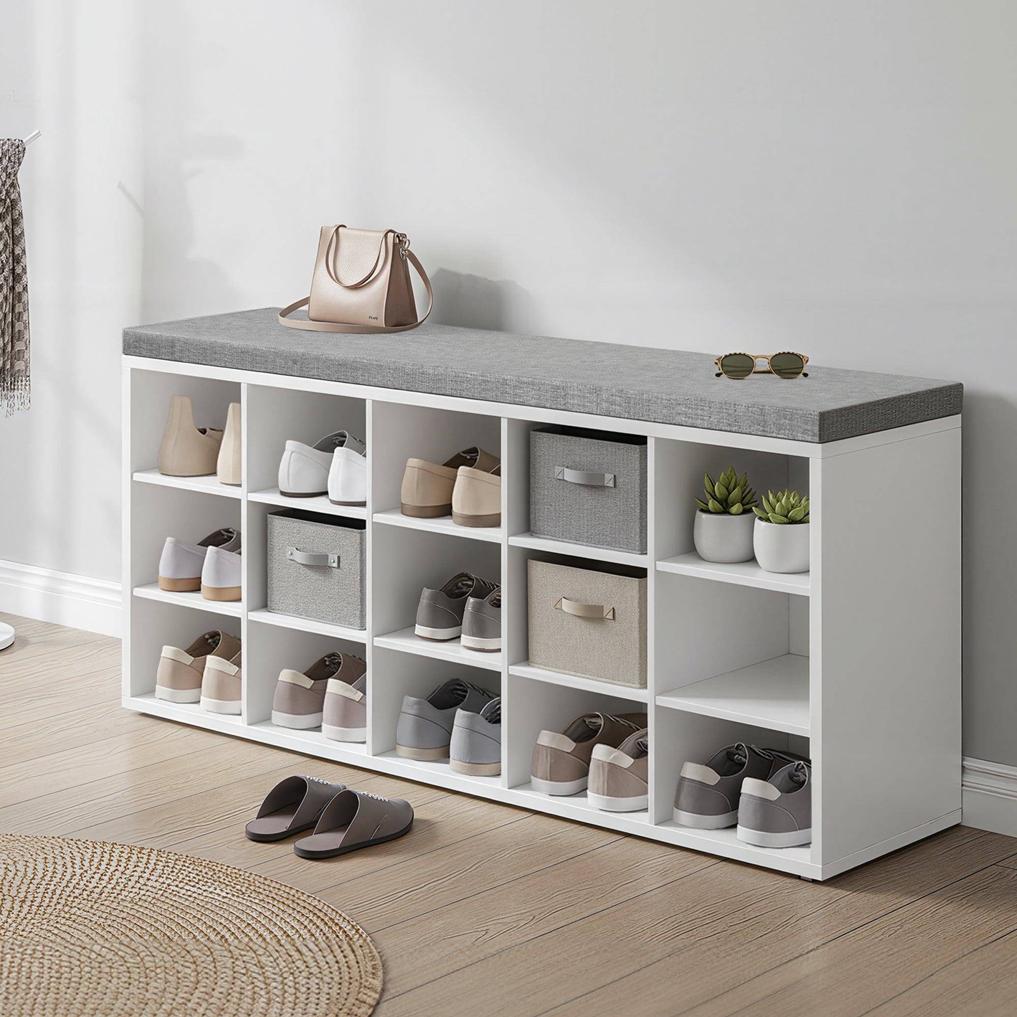 Banc à Chaussures, Banc de Rangement avec Siège Rembourré, 15 Compartiments, Étagères Réglables, pour Salon, Couloir, Blanc - 3