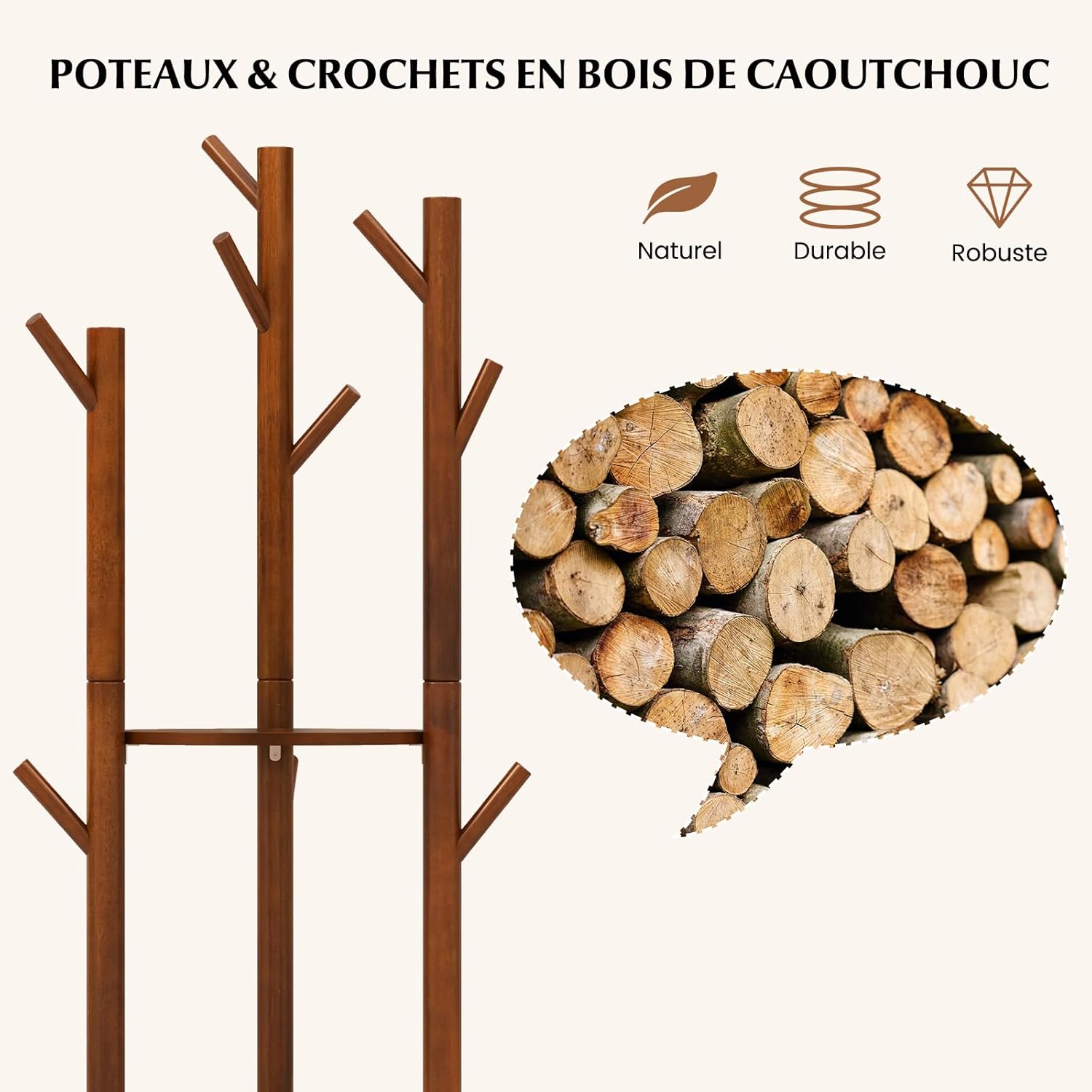 Porte Manteaux sur Pieds Rotatif en Bois, 9 Crochets, 3 Etagères, Portant à Vêtement 176CM pour Entrée, Couloir, Chambre, Base Ronde - 3