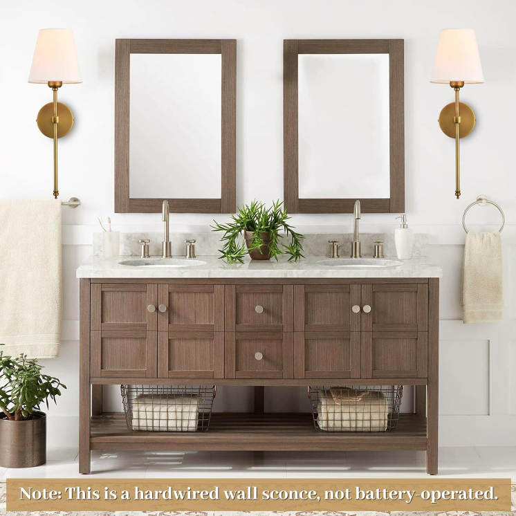 Applique murale Bsmathom lot de 2 classique laiton brossé raccordement fixe salle de bain chambre salon couloir cuisine abat jour tissu couleur or - 7