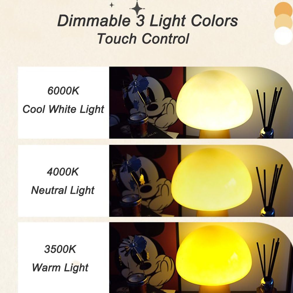 Lampe de table LED à intensité variable, lampe de table champignon en verre, trois températures de couleur 3000K/4000K/6000K, adaptée à la chambre - 2