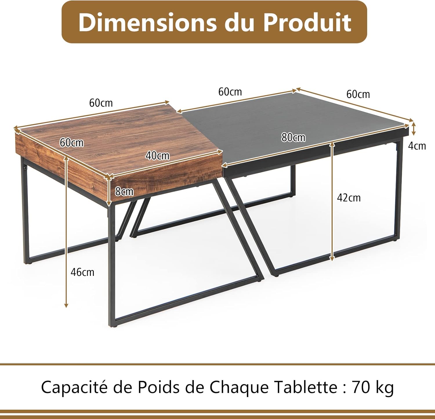 Tables Basses de Style Industriel Vintage,Ensemble de Tables d'Appoint Gigogne Charge Max.90KG pour Salon, Chambre, Bureau 120x60x46cm - 2