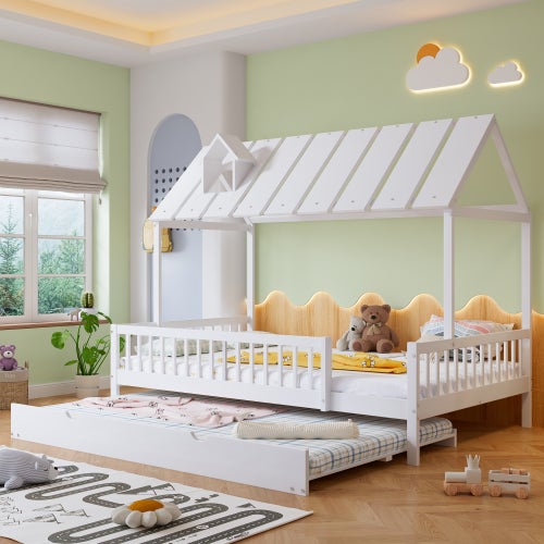 Cama tipo casita con cama nido, techo con chimenea, cama infantil y juvenil, 3 lados con barandillas, blanca, 120x200/190 cm