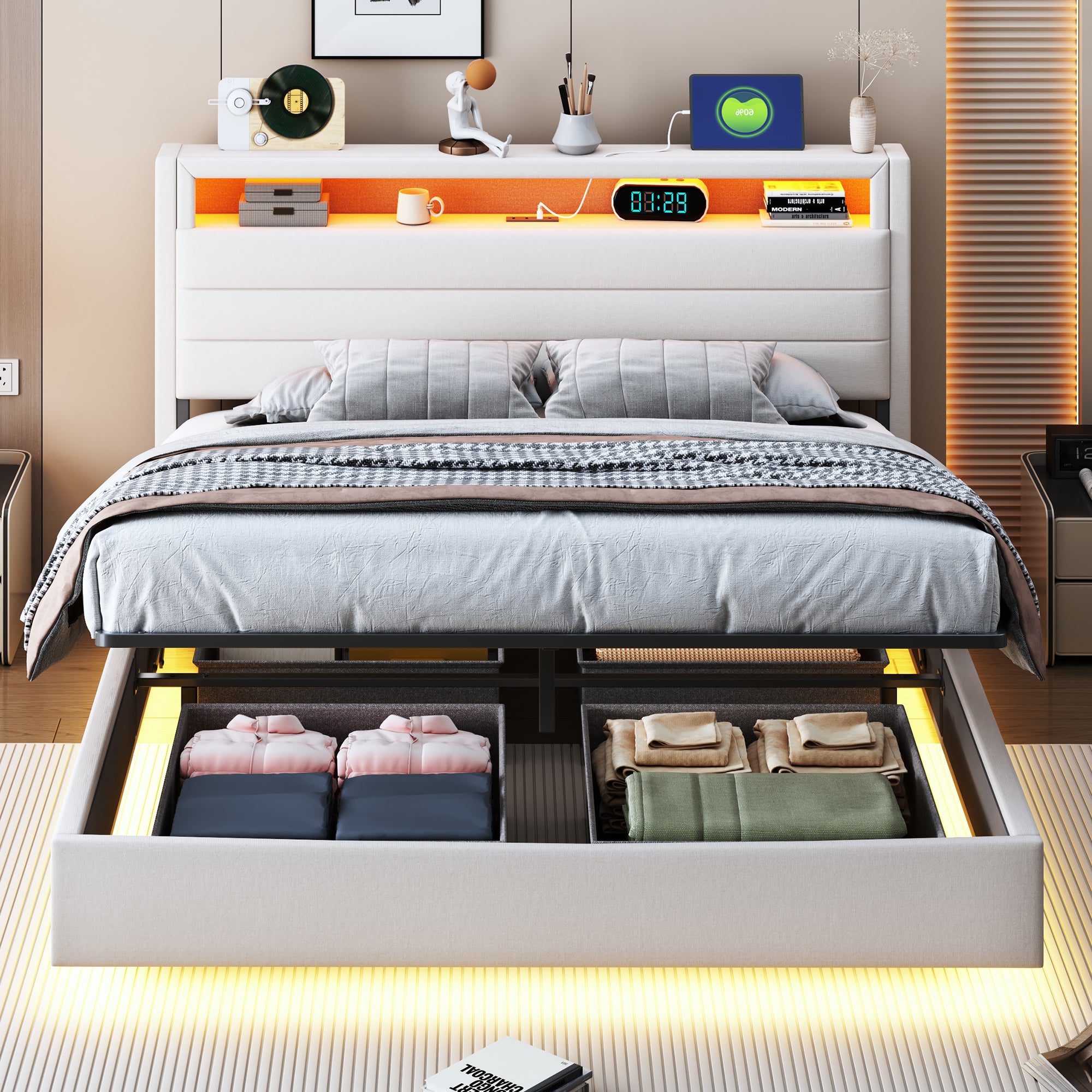 Cama canapé de 140 x 200 cm con cabecero y espacio de almacenaje - Puerto USB y LED - Tejido de lino - Beige (sin colchón) - 3