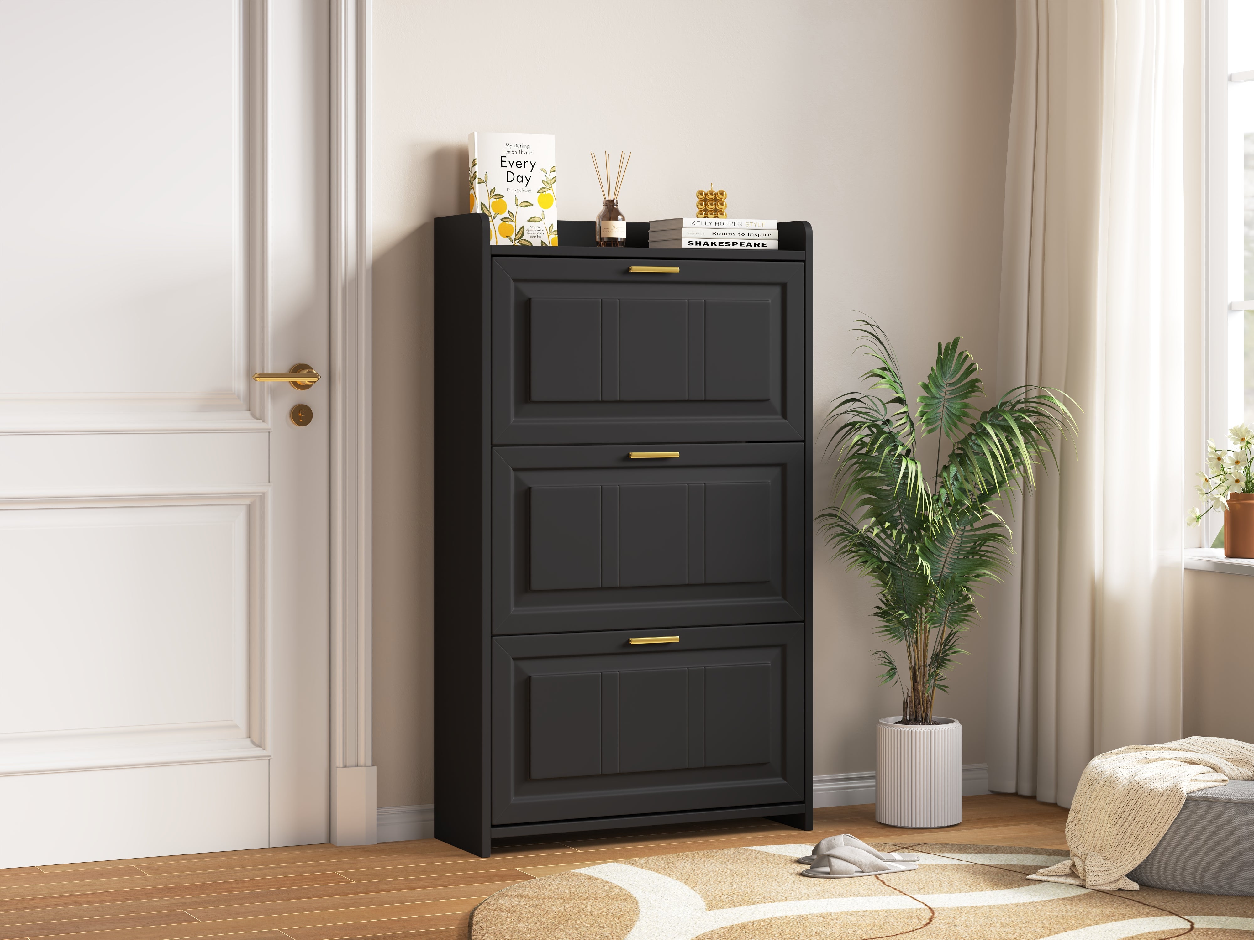 Meuble à chaussures avec 3 portes rabattables - 70 x 24 x 120 cm - MDF et panneaux de particules - Noir - 6