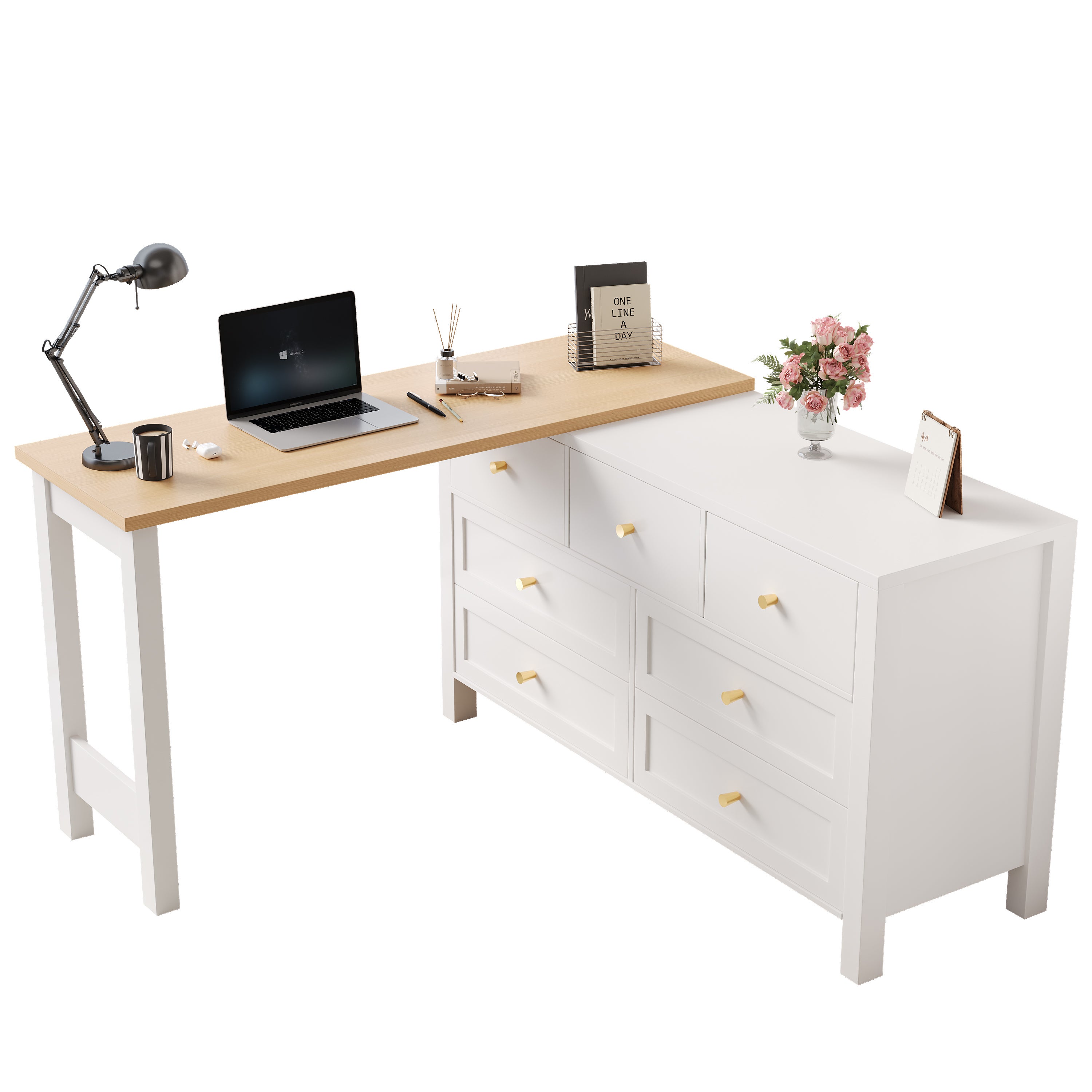 Bureau d'angle avec 7 tiroirs et plateau pivotant, coiffeuse - 120 x 40 x 70 cm - Panneau de particules - Blanc et chêne - 7