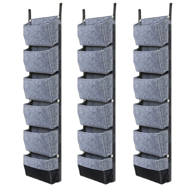 Zestaw 3 wiszących worków na rośliny z 6 kieszeniami do doniczek pionowych, mocowanych do ściany, wymiary 107 x 30 cm, kolor szary
